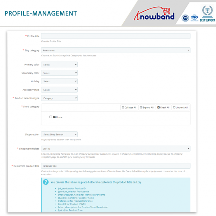 zarządzanie profilem dodatku Prestashop Etsy Marketplace Integration przez knowband