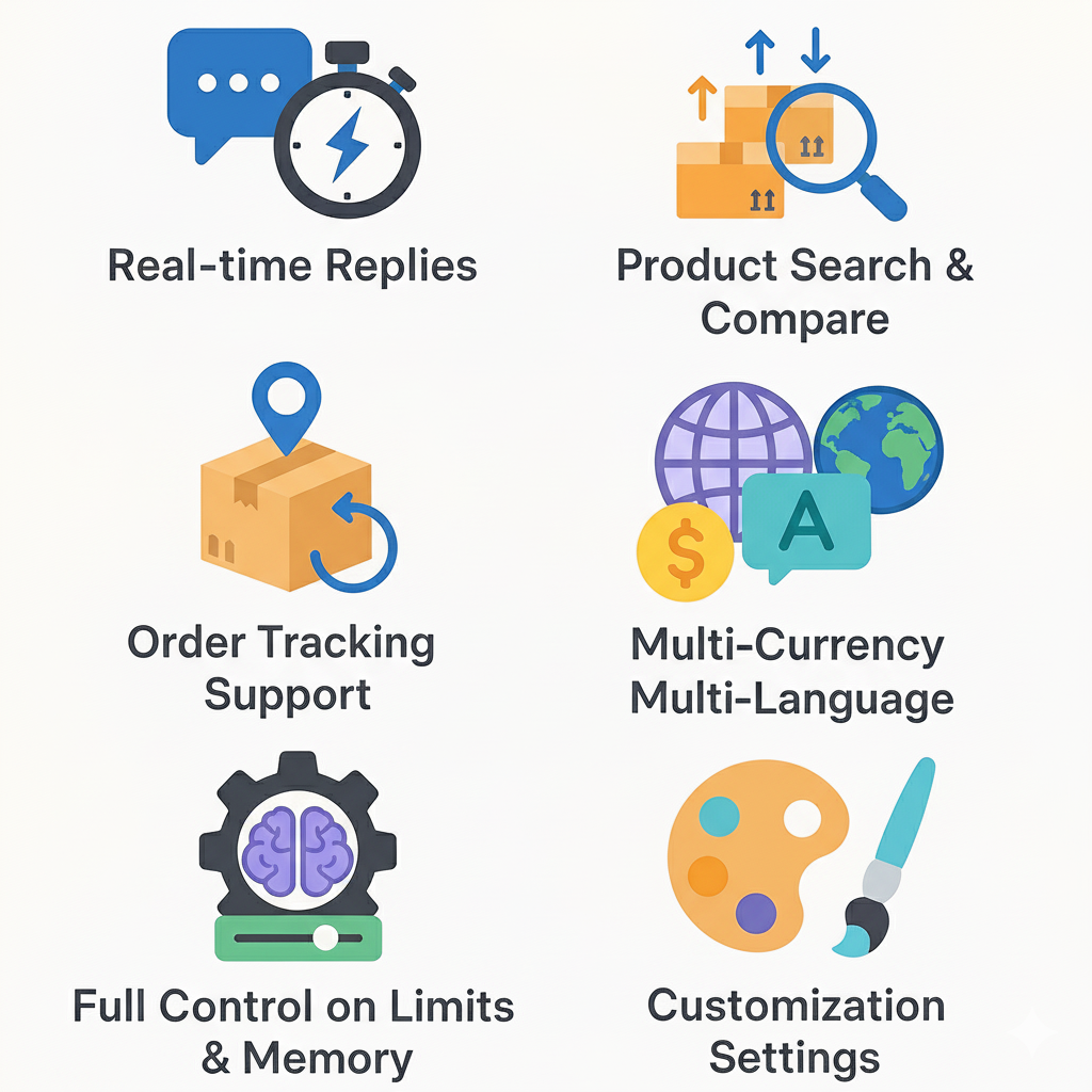 Features of the PrestaShop AI Chatbot Module including real-time replies, product search, customization options, and multilingual support