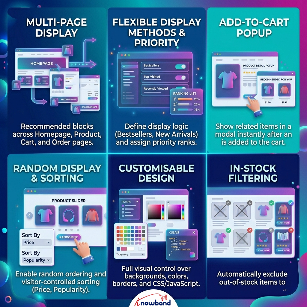 Features of PrestaShop product recommendation module including cross-sell and cart popup suggestions