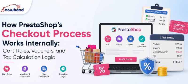 PrestaShop checkout process showing cart rules, vouchers, discounts, taxes, and rounding