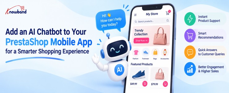 Knowband AI chatbot integrated into a PrestaShop mobile app for smarter shopping and instant customer support