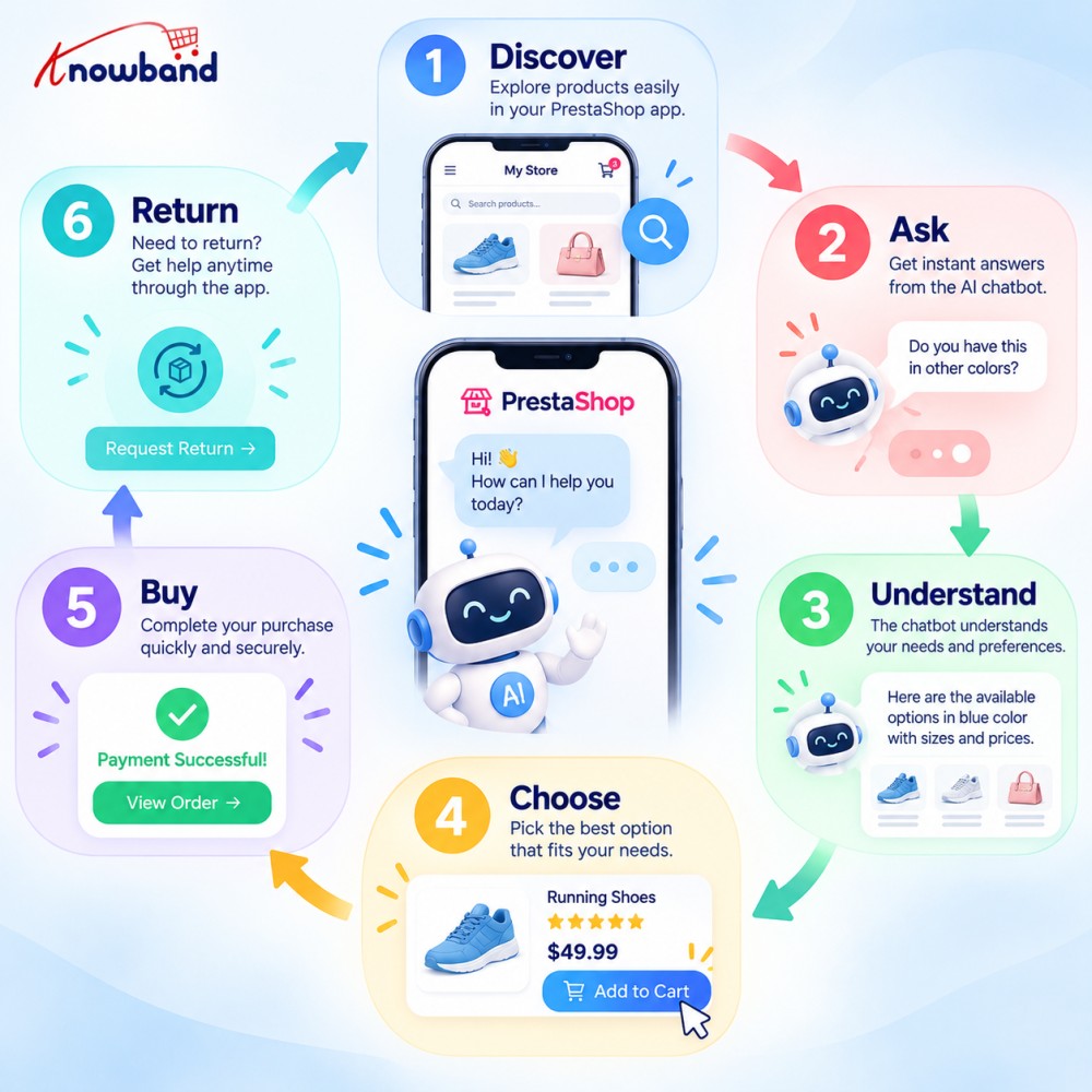 See how an AI chatbot guides PrestaShop mobile app customers from product discovery to purchase and post-purchase return support